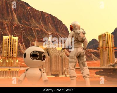 Astronauta e piccolo robot di fronte a strani edifici sulla via spaziale su un pianeta deserto - rendering 3D. Foto Stock