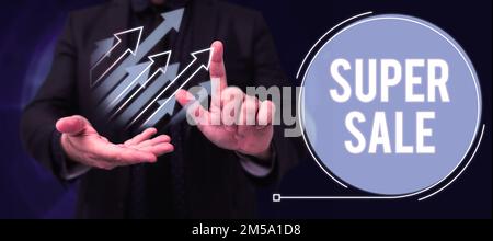 Didascalia di testo che presenta Super sale. Parola scritta sull'offerta di sconti eccezionali su prodotti e servizi selezionati Foto Stock
