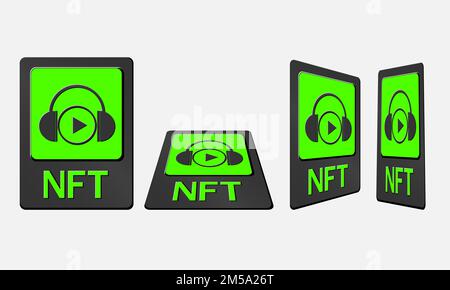3D schede token NFT in grafica crittografica. Scheda NFT con musica in prospettiva, vista dall'alto in vista isometrica e frontale. Token non fungibile con informazioni Illustrazione Vettoriale