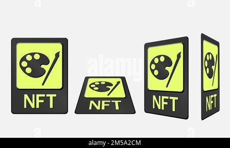 3D schede token NFT in grafica crittografica. Scheda NFT con ART in prospettiva, vista dall'alto in vista isometrica e frontale. Token non fungibile con informazioni Illustrazione Vettoriale