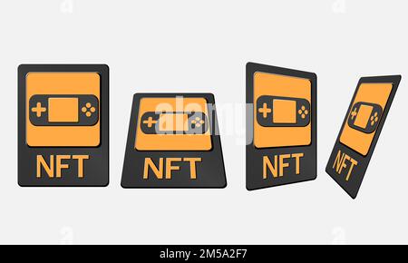 3D schede token NFT in grafica crittografica. Scheda NFT con gioco in prospettiva, vista dall'alto in vista isometrica e frontale. Token non fungibile con informazioni Illustrazione Vettoriale
