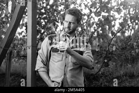 uomo portico con bicchiere di vino. enologo con wineglass. sommelier. agricoltore bere champagne. Foto Stock