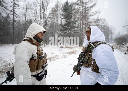 NEGLI STATI UNITI Paracadutista dell'esercito assegnato a 1st battaglione, 503rd reggimento di fanteria paracadute coordina la creazione di una base di pattuglia con un soldato italiano del 3rd reggimento Alpini, mentre conduce una familiarizzazione di procedura integrata. Questo corso fa parte della Exercise Steel Blizzard a Pian dell’Alpe di Usseaux, Italia, il 14 febbraio 2022. Exercise Steel Blizzard è un'esercitazione multinazionale di addestramento di guerra artica e di montagna ospitata dall'esercito italiano. Tre plotoni di ricognizione della Brigata Airborne 173rd prendono parte a un programma di allenamento in tre fasi con il reggimento Alpini 3rd Foto Stock