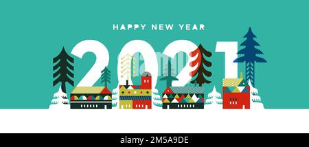 Felice anno nuovo 2021 biglietto d'auguri illustrazione, moderno villaggio invernale in stile piatto geometrico scandinavo con festoso pino e case di natale Illustrazione Vettoriale