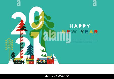 Felice anno nuovo 2021 web template illustrazione, moderno villaggio invernale in stile piatto geometrico scandinavo con pino, case di natale e copia sp Illustrazione Vettoriale