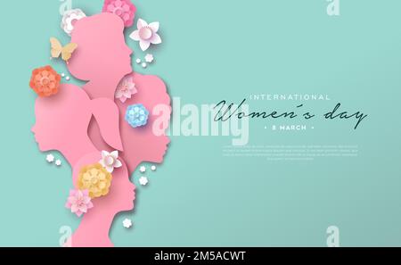 Illustrazione del modello Web della Giornata internazionale della donna. Diverse donne si affacciano in stile papercut moderno con fiori di carta e farfalla rosa. Diritti della donna Illustrazione Vettoriale