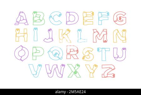 Set di caratteri alfabetici colorati con diverse mani umane che si tengono insieme su uno sfondo isolato. Bracci a linea piatta raccolta abc f Illustrazione Vettoriale