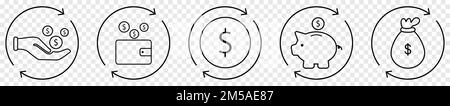 Icone della linea di rimborso. Illustrazione vettoriale isolata su sfondo trasparente Illustrazione Vettoriale