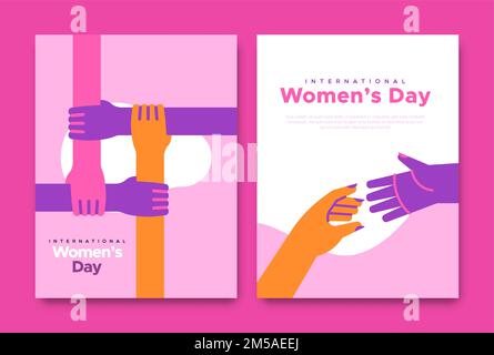 International Women's Day biglietto d'auguri illustrazione insieme di diverse mani donna che si raggiunge per l'aiuto. Concetto di lavoro di squadra femminile, cartone animato piatto moderno pi Illustrazione Vettoriale