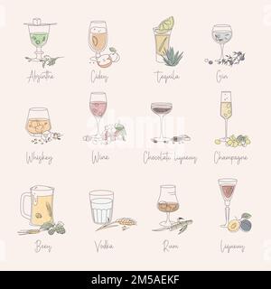 Icone serie di vari tipi di alcool con componenti in diversi bicchieri. Collezione di vetreria in disegno a mano a contorno piatto vettore stile. Illustrazione Vettoriale
