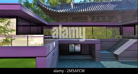 Combinazione armoniosa di architettura incompatibile. Moderno high-tech in stile cinese al terzo piano. Scala e ingresso alla casa. 3d giri Foto Stock