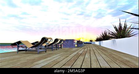 Vista dalla terrazza con terrazza in legno al sole che sorge. Accogliente area salotto con lettini vicino alla piscina. rendering 3d. Foto Stock