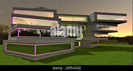 Astrazione architettonica nella notte stellata. Basso edificio di appartamenti di forma inusuale. rendering 3d. Foto Stock