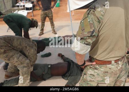 STATI UNITI Soldati Côte forze speciali della Côte d'Avorio Côte addestramento medico tattico vicino Abidjan, in Costa d'Avorio il 16 febbraio 2022 Flintlock è un esercizio multinazionale in Costa d'Avorio. Flintlock aiuta a rafforzare la capacità degli alleati e dei partner di contrastare l'estremismo violento e di fornire sicurezza al loro popolo. Foto Stock