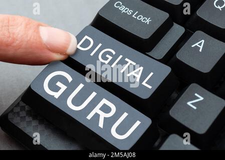 Cartello con guru digitale. Insegnante di vetrina aziendale e guida intellettuale su questioni di fondamentale interesse dell'elettronica Foto Stock
