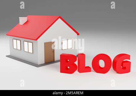 Blog di iscrizione di lusso sul podio grigio con casa, luce soffusa, vista frontale sfondo liscio, rendering 3D Foto Stock