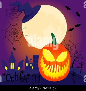 Halloween illustrazione con grande luna; decor fantastico; illustrazione vettoriale Illustrazione Vettoriale