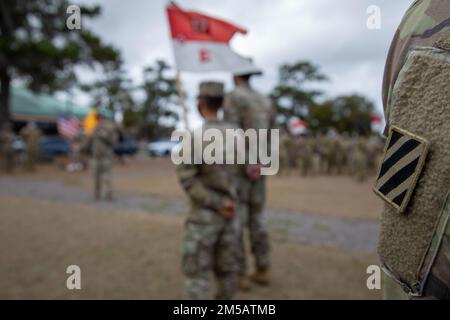 Soldati assegnati al 3rd Squadrone, 17th reggimento di cavalleria, 3rd Brigata dell'Aviazione di combattimento, 3rd Divisione di Fanteria, stanno in formazione per testimoniare Lothar “Joe” Funke, un americano Esercito Vietnam War Veteran, riceve i suoi spuri d'oro dopo 50 anni, il 17 febbraio presso Hunter Army Airfield, Georgia. L’“Ordine dello Spur” è una tradizione di cavalleria senza tempo che permette ai soldati di guadagnare speroni d’oro servendo in combattimento, o di guadagnare speroni d’argento completando con successo un evento di corsa a speroni unitari. Foto Stock