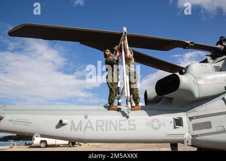 STATI UNITI Hunter Weldon, destra, meccanica aerea con Marine Light Attack Squadron (HMLA) 367, prepara gli elicotteri UH-1Y Venom e AH-1Z Viper il trasporto in California come parte di Deployment for Training (DFT) alla base navale Pearl Harbor, Hawaii, 16 febbraio 2022. Il DFT viene deisgned per simulare il funzionamento in un ambiente distribuito e preparare l'unità a eventuali imprevisti futuri che potrebbero incontrare durante l'implementazione. Foto Stock