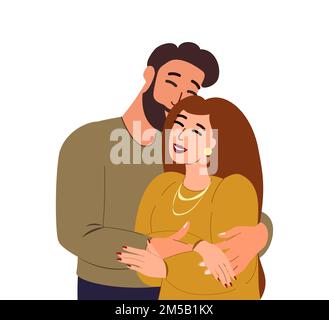 Felice giovane coppia romantica together.wife, marito abbracciano a vicenda.supporting, caldo, amorevole relazioni.Famiglia persone fiducia, aiutare a vicenda other.True Love.Smiling Donna e Man.Flat vettore illustrazione Illustrazione Vettoriale