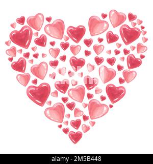 Un grande cuore fatto di molti. Illustrazione ad acquerello disegnata a mano isolata su sfondo bianco. Buon San Valentino. Elemento di design per cartoline, inv Foto Stock