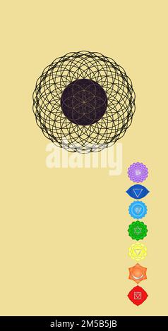 Simboli Chakra e simboli di geometria sacra isolati su sfondo a colori con spazio di copia per il disegno Foto Stock