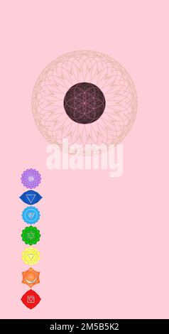 Simboli Chakra e simboli di geometria sacra isolati su sfondo a colori con spazio di copia per il disegno Foto Stock