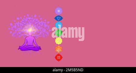 Simboli Chakra e simboli di geometria sacra isolati su sfondo a colori con spazio di copia per il disegno Foto Stock