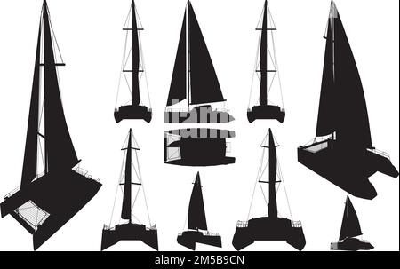 Catamarano Barca Silhouettes Vector. Illustrazione isolata su sfondo bianco. Un'illustrazione vettoriale di Catamarano. Illustrazione Vettoriale