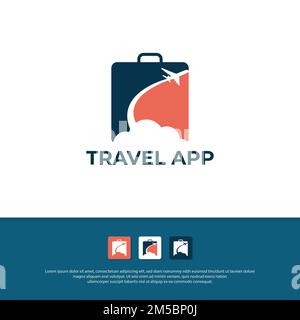 Logo Modern Travel App vettore di design, illustrazione di borsa da viaggio, cloud e icona di silhouette aereo modello mobile Illustrazione Vettoriale