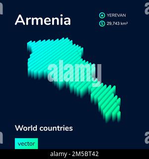 Mappa Armenia 3D. La mappa vettoriale digitale a strisce isometriche al neon stilizzata dell'Armenia è di colore verde e menta sullo sfondo blu scuro Illustrazione Vettoriale