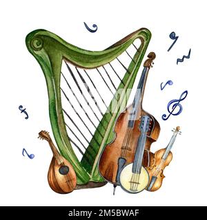 Arpa, violino, contrabbasso e banjo, mandolino acquerello illustrazione isolata. Set di strumenti musicali a corda disegnati a mano. Elemento di design per Fly Foto Stock