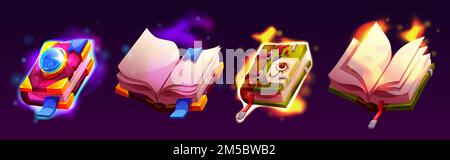 I libri medievali di incantesimi magici con mistero brillano. Icone di gioco di libri di stregoneria aperti e chiusi con pagine vuote e copertine fantasy, illustrazione vettoriale dei cartoni animati Illustrazione Vettoriale