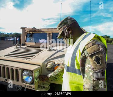 8th nodo di comando e controllo del comando di sostegno del teatro insieme a 402nd Brigate di sostegno del campo dell'esercito e 404th AFSB sorvegliano il download parziale dell'apparecchiatura APS-3 alla squadra di combattimento di Brigata di fanteria 3rd, 25th Divisione di fanteria per Salaknib e Balikatan 2022 a Subic Bay, Filippine 28 febbraio 2022. Il comando di sostegno del Teatro del 8th ha eseguito una base dati Army Preposizioned Stock 3 (a galla) Fix Forward West of the International per valutare la flessibilità operativa di APS-3 (a galla), assicurando la prontezza strategica e l'impegno degli Stati Uniti verso alleati e partner. Foto Stock