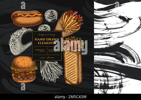 Street food Square card o invito design. Struttura con salse, gyros, hamburger, taco, shawarma, patatine fritte, hot dog. Illustrazione Vettoriale