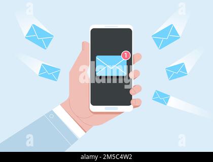 E-mail notifiche telefono cellulare illustrazione vettore, cartone animato piatto smartphone con messaggi in arrivo letti e non letti, concetto di posta sul cellulare Illustrazione Vettoriale