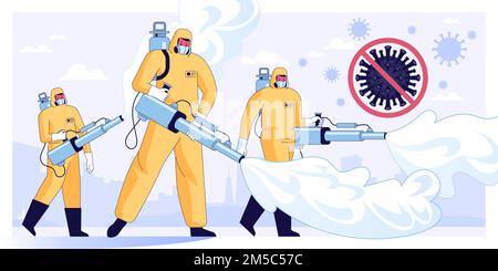 Illustrazione vettoriale di operatori disinfettanti o scienziati medici in maschera protettiva e tute pulizia e disinfezione delle cellule di coronavirus in città Pre Illustrazione Vettoriale