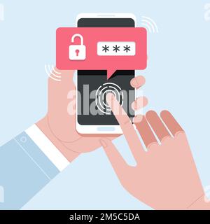 Mani con smartphone sbloccati con pulsante impronte digitali e vettore di notifica password, sicurezza del telefono cellulare, accesso personale tramite dito, Illustrazione Vettoriale