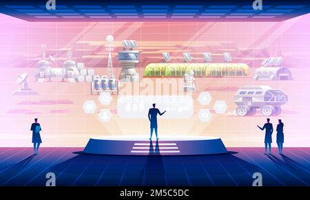 Colonizzazione di Marte. All'interno della base spaziale con vista sull'insediamento di Mars. Esplorazione pianeta rosso missione terraforming. Concetto di scienza. Vettore illus Illustrazione Vettoriale