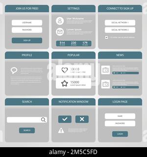 Design dell'interfaccia utente mobile piatta. Semplice telefono cellulare, pulsanti, moduli, finestre e altri elementi di interfaccia. Illustrazione Vettoriale