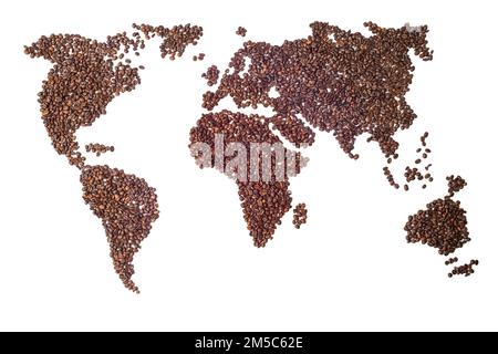 Mappa del mondo con continenti a base di chicchi di caffè tostati isolati su sfondo bianco Foto Stock