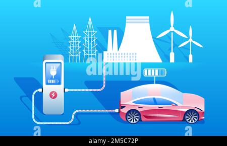 Concetto di carburante ecologico. Stazione di ricarica per auto elettriche. Punto di ricarica EV o EVSE. Veicolo a innesto che riceve energia dalla batteria. Illustrazione Vettoriale
