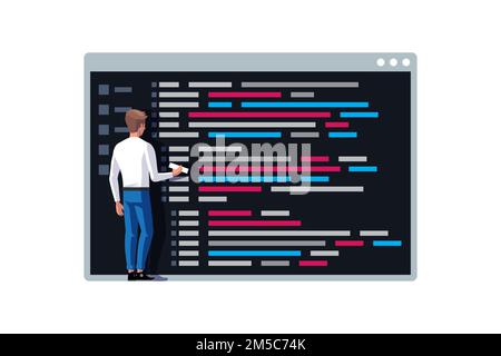 Programmatore che scrive un codice. Programmatore giovane che codifica un nuovo progetto vicino alla console sul simbolo della riga di comando. Illustrazione vettoriale Illustrazione Vettoriale