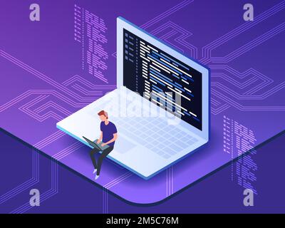 Illustrazione vettoriale isometrica di un giovane programmatore che codifica un nuovo progetto utilizzando il computer. Uomo seduto sul grande notebook e al lavoro. Illustrazione Vettoriale