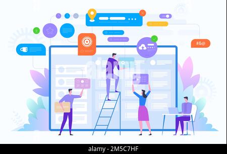Team aziendale che lavora su un progetto di grandi dimensioni. Lavoro di squadra, comunicazione, interazione, processi aziendali, concetto di gestione dei progetti agile. Illustrazione vettoriale attivata Illustrazione Vettoriale