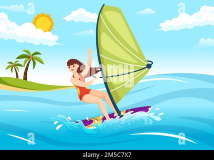 Windsurf con la persona in piedi sulla barca a vela e tenendo la vela in Extreme Water Sport Flat Cartoon modelli disegnati a mano Illustrazione Illustrazione Vettoriale