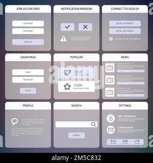 Design dell'interfaccia utente mobile piatta. Semplice telefono cellulare, pulsanti, moduli, finestre e altri elementi di interfaccia. Illustrazione Vettoriale
