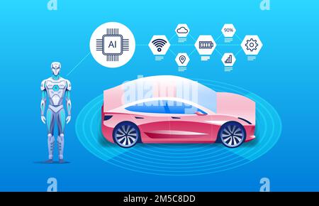 Veicolo autonomo con robot e icone infografiche Illustrazione Vettoriale