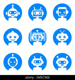 Simbolo di chatbot, modello di logo. Set di icone del robot. Design dei segni bot. Illustrazione moderna del carattere del cartone animato di stile piatto del vettore. Isolato su bianco Illustrazione Vettoriale