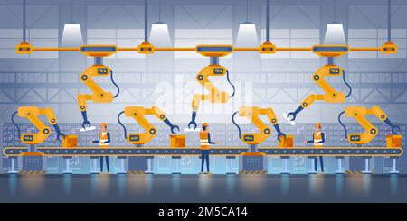 Fabbrica intelligente. Industry 4,0 e Technology Concept. Nastro trasportatore di produzione con personale operativo in fabbrica in uniforme. Illustrazione vettoriale Illustrazione Vettoriale